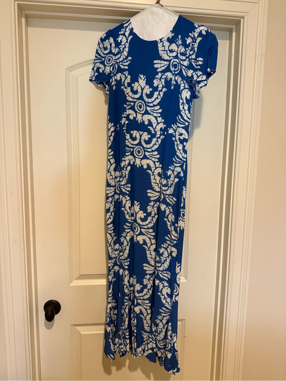 RHODE Blue and White Midi Dress with Ornate Print
